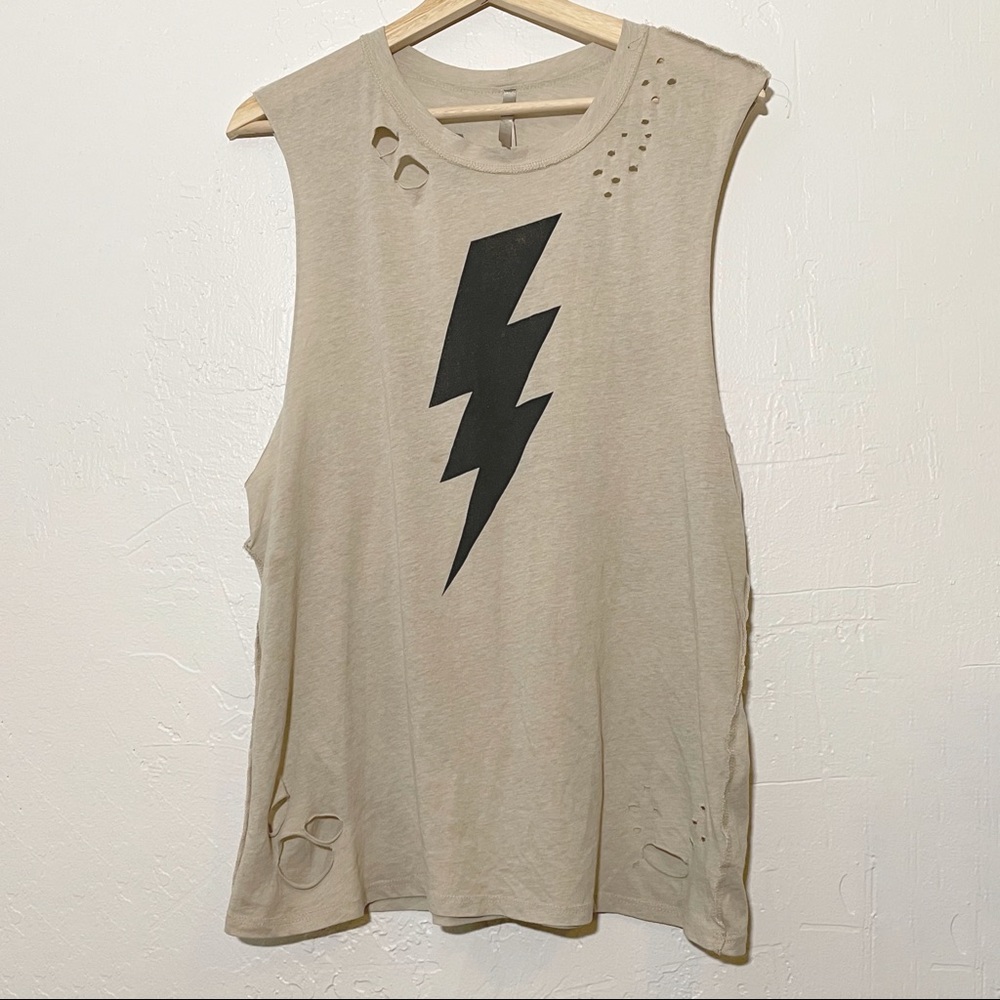 Distressed lightning bolt muscle tee